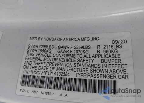 2020 Honda Accord Lx z USA, uszkodzony, nr VIN 1HGCV1F12LA132584